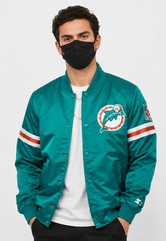 Person wearing a Miami Dolphins Turquoise sports jacket with a logo on a white background