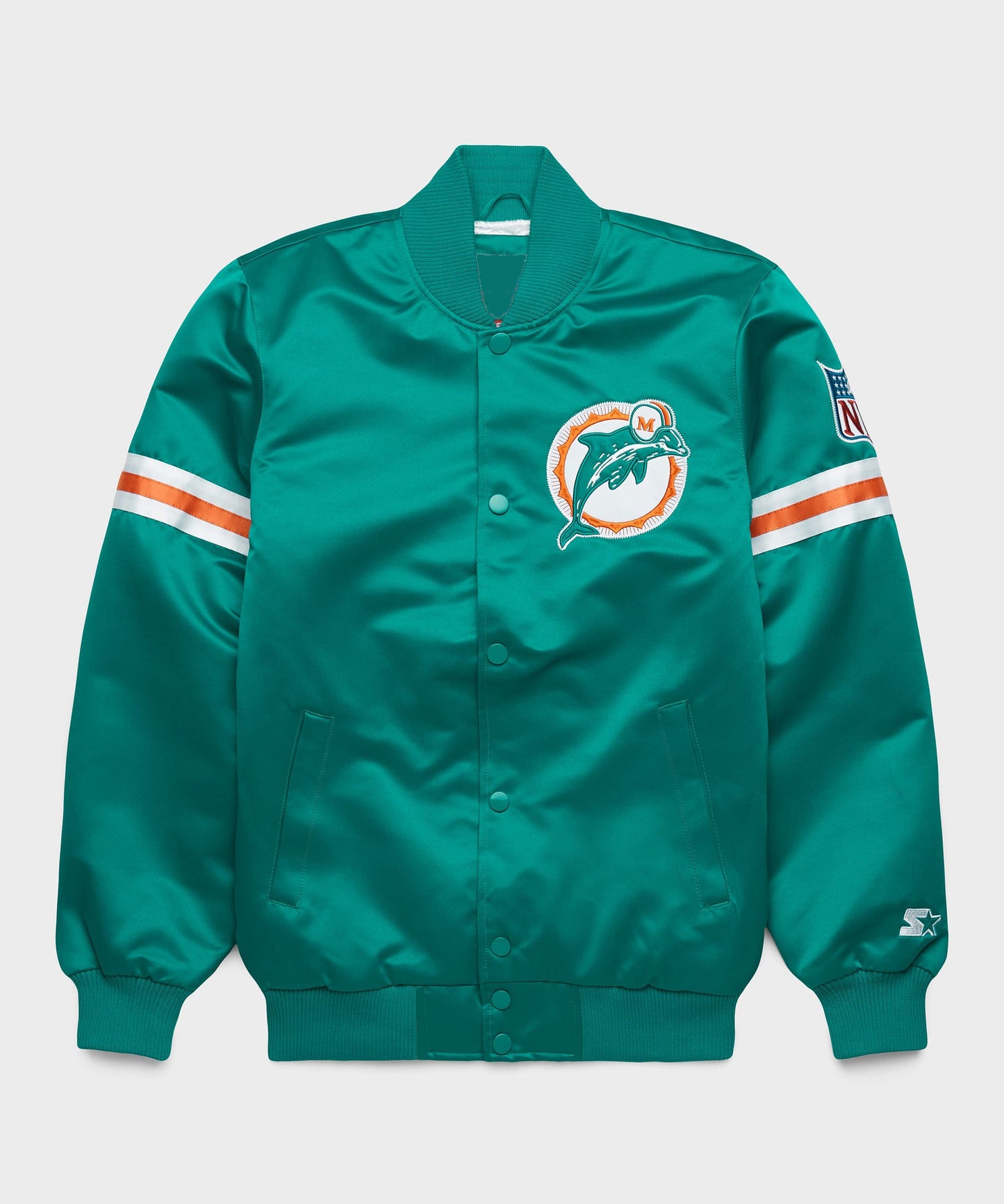 Miami Dolphins Turquoise jacket with a sports team logo on a light gray background