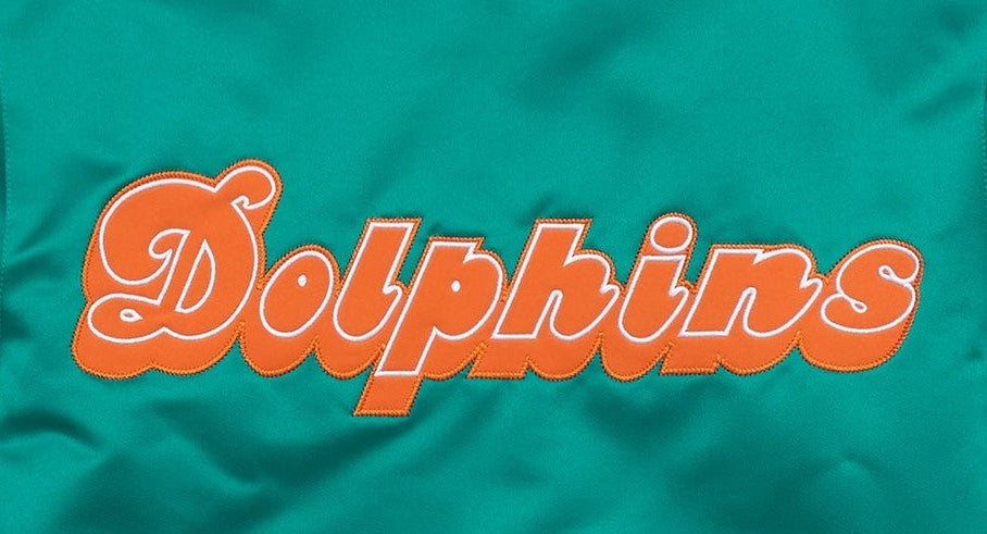 Miami Dolphins Turquoise Text: 'Dolphins' in orange on a teal background