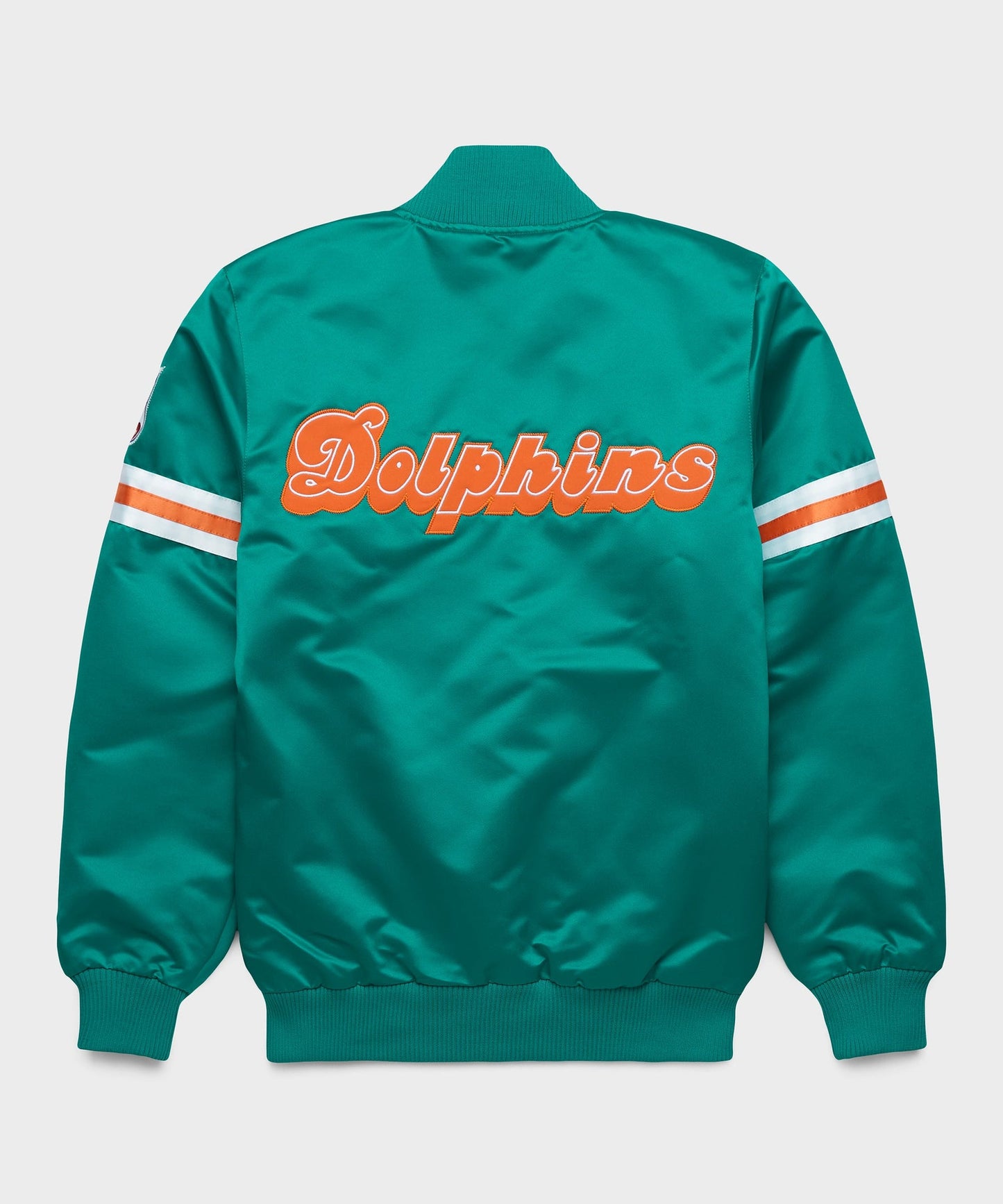 Miami Dolphins Turquoise jacket with 'Dolphins' text on the back against a light gray background