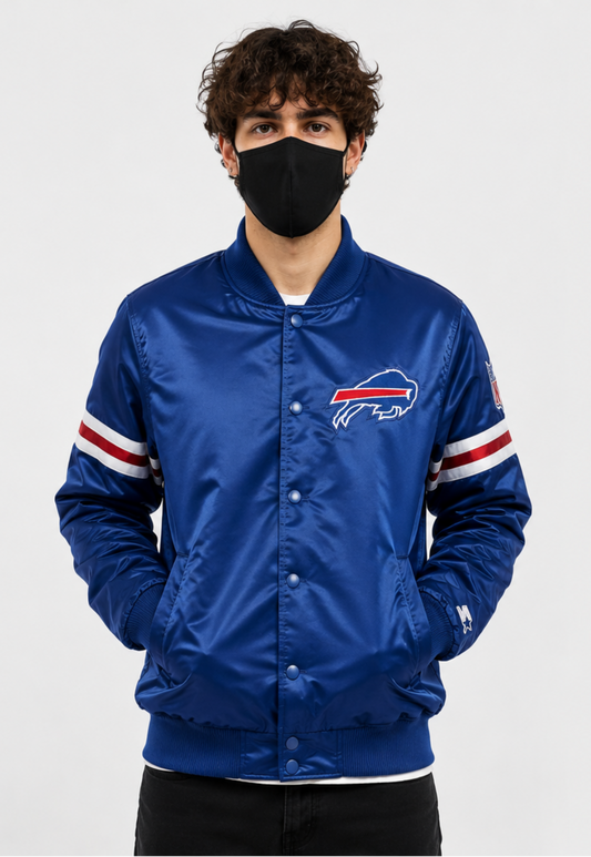 Person wearing a Buffalo Bills blue jacket with a logo on a white background