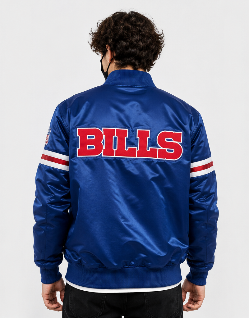 Person wearing a Buffalo Bills blue jacket with 'BILLS' printed on the back against a white background