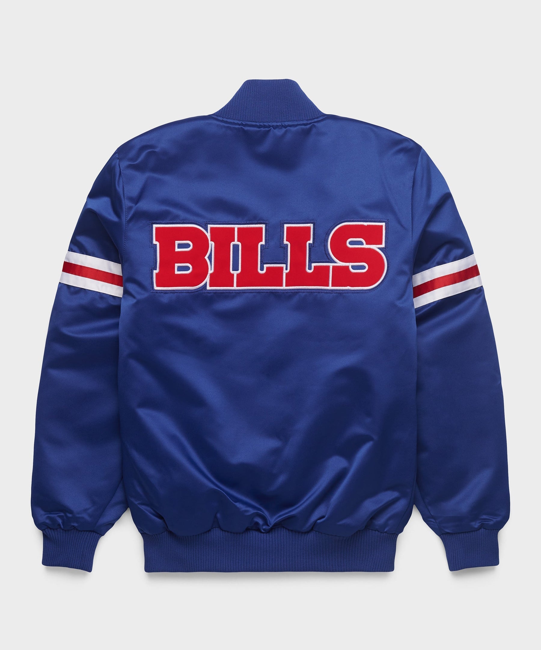 Buffalo Bills Blue jacket with 'BILLS' text on the back against a white background