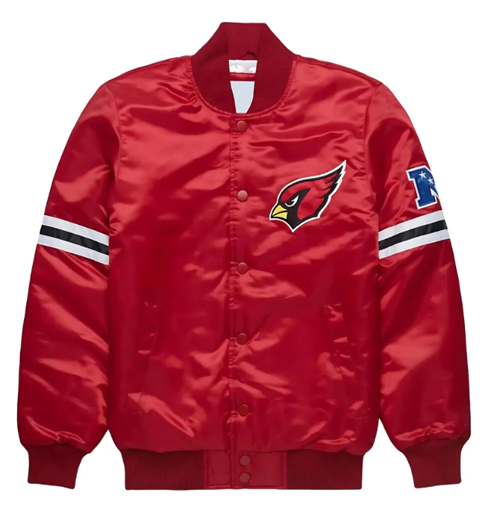 Arizona Cardinals Red satin jacket with a logo on the chest and sleeve stripes on a white background