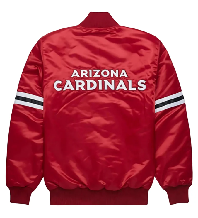 Red satin jacket with 'Arizona Cardinals' text on the back against a white background