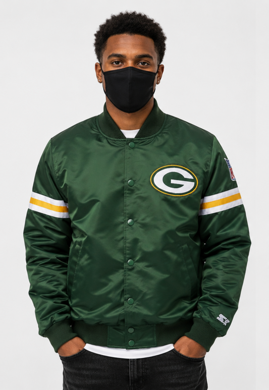 Person wearing a Green Bay Packers green sports jacket with a logo on a white background