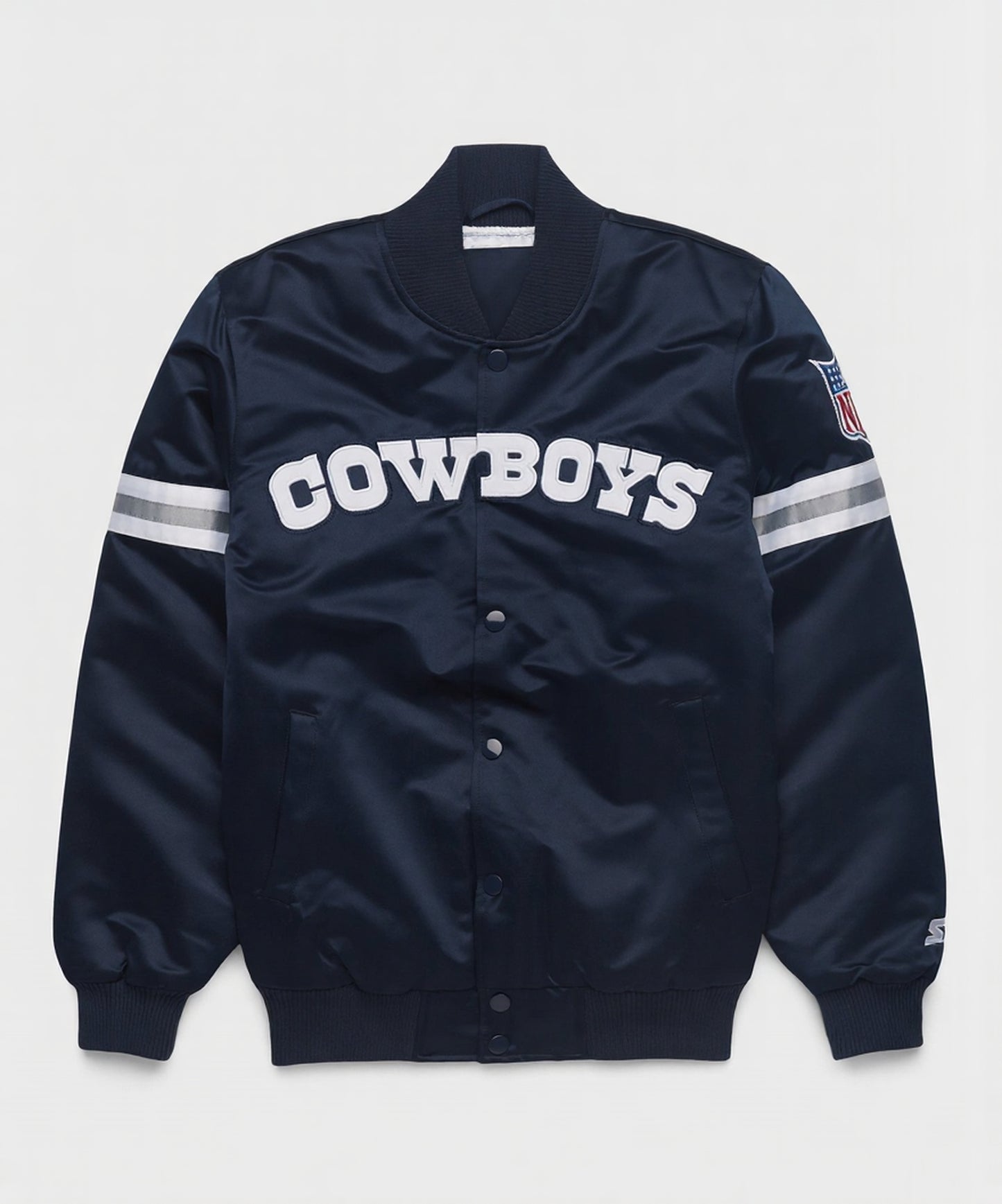 Dallas Cowboys Navy blue jacket with 'Cowboys' text on a white background