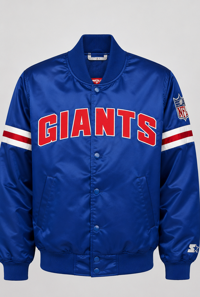 New York Giants Blue jacket with 'GIANTS' text on a gray background