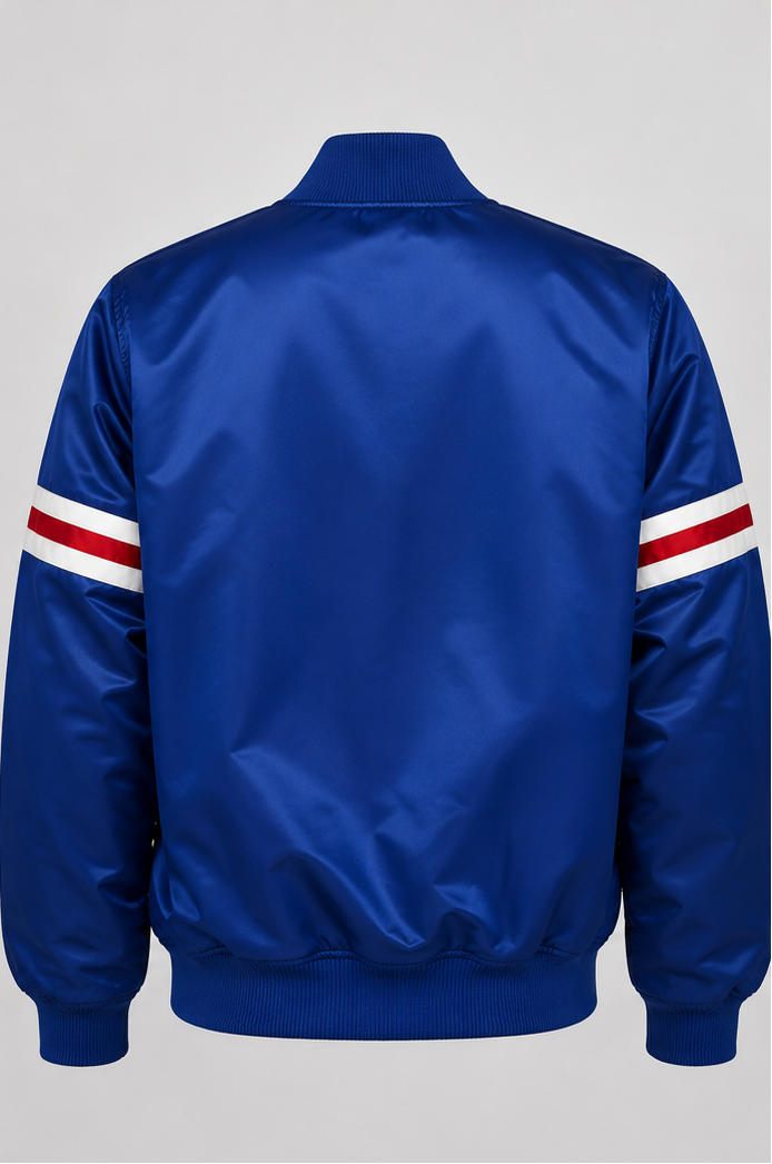 New York Giants Blue bomber jacket with red and white stripes on a gray background