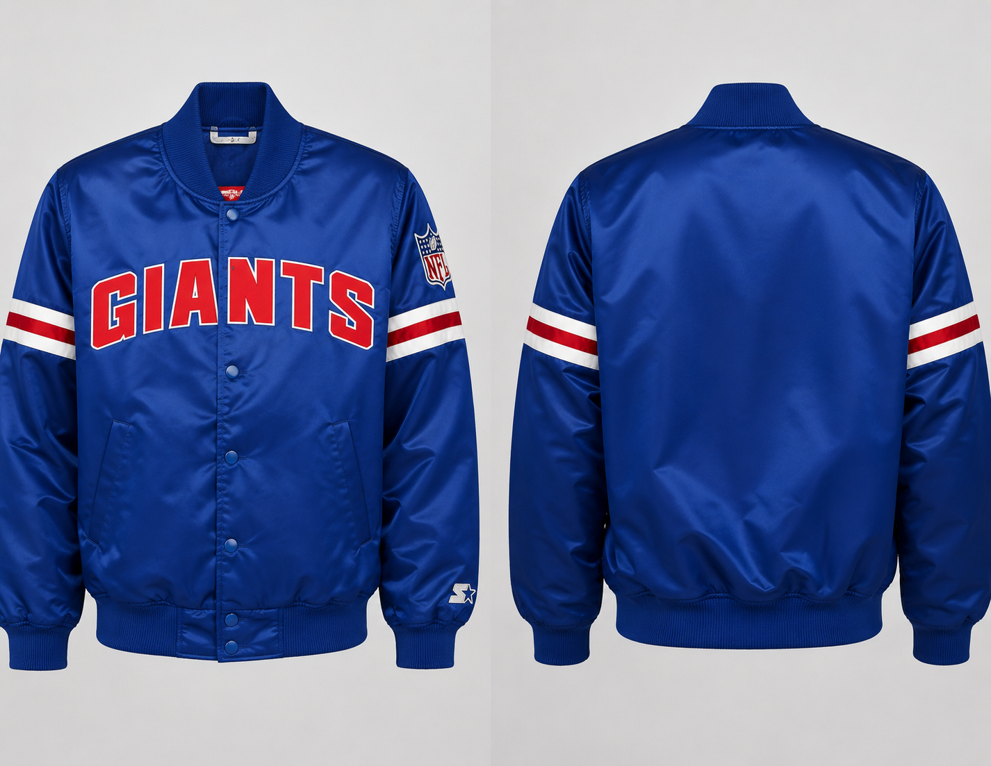 New York Giants Blue Giants jacket with red and white text on a gray background