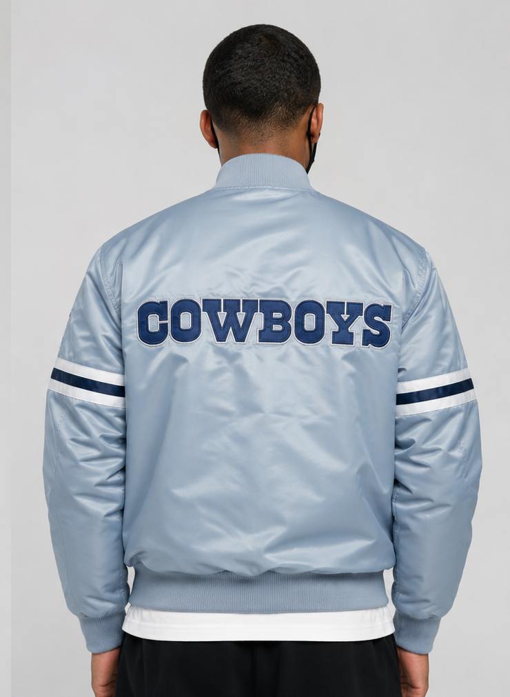 Men wearing the Dallas Cowboys Light Blue Satin Bomber Jacket with white background