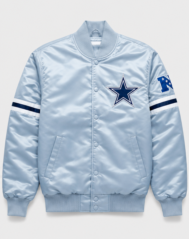 Dallas Cowboys Light Blue Satin Bomber Jacket team logos with white background