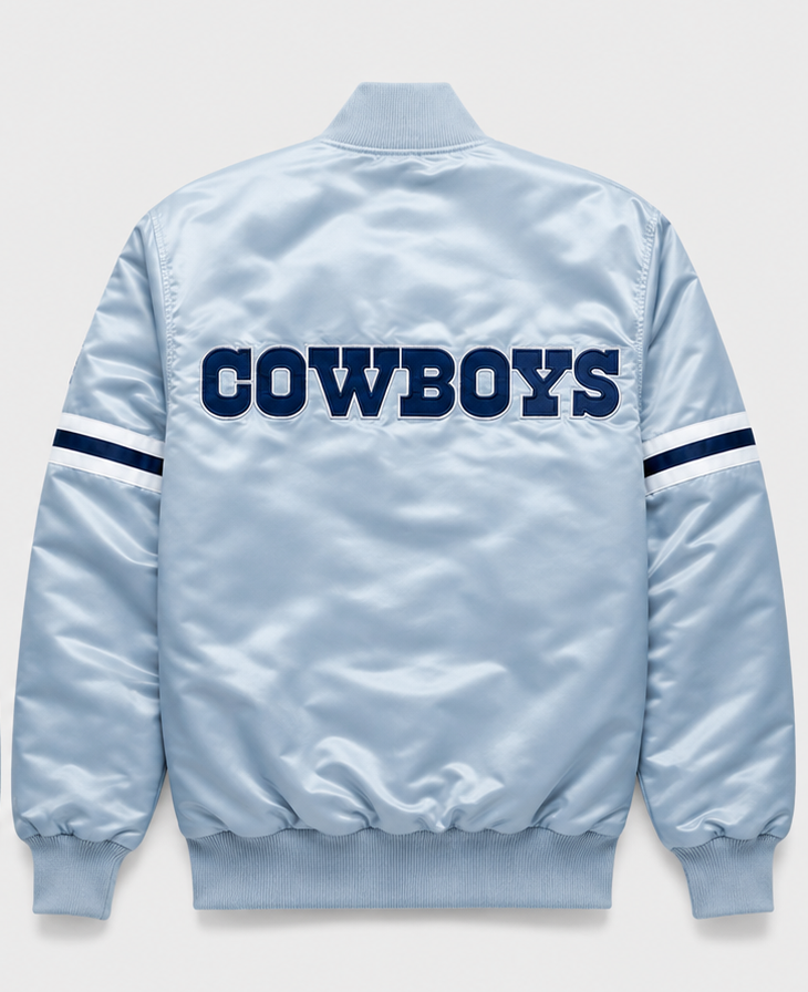 Dallas Cowboys Light Blue Satin Bomber Jacket with "COWBOYS" LOGO with white background