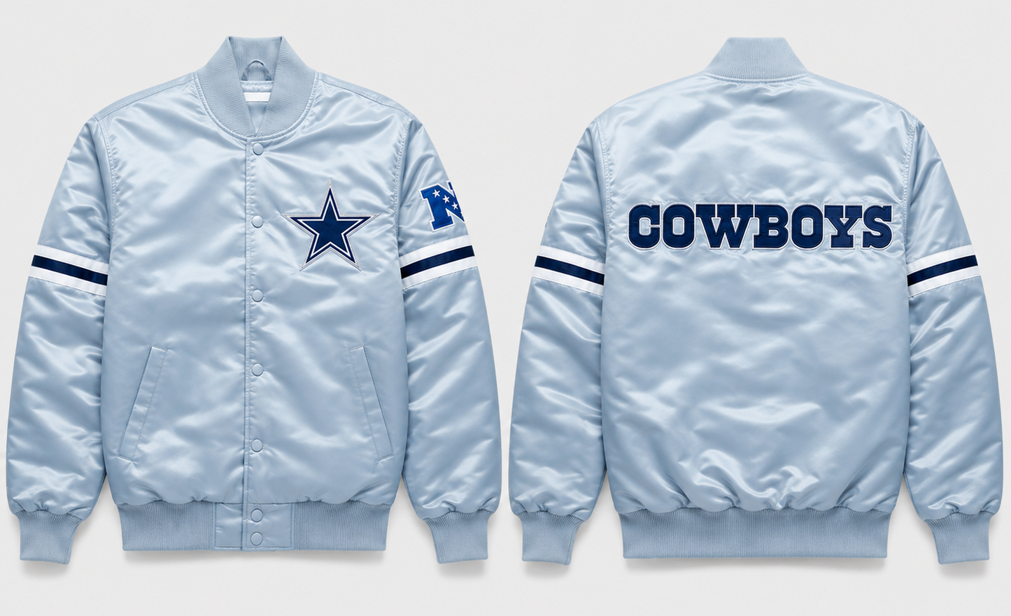 Dallas Cowboys Light Blue Satin Bomber Jacket with white background