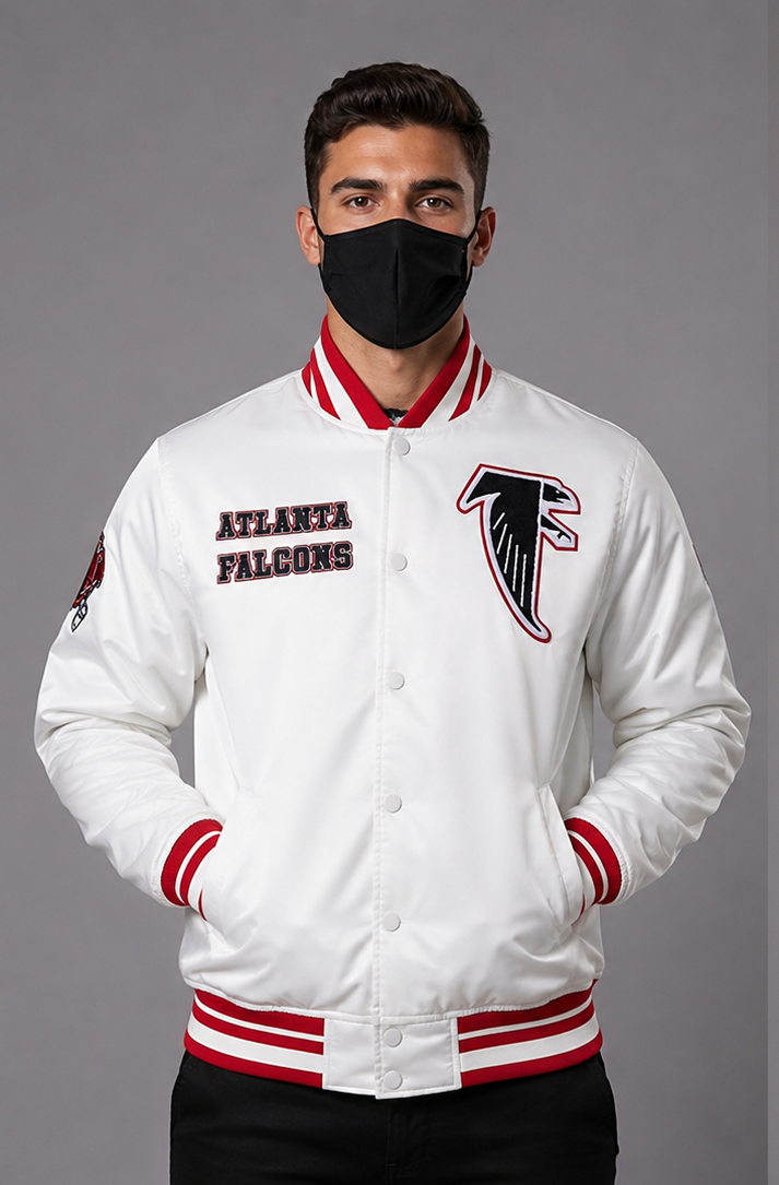 A Men wearing the Atlanta Falcons White Satin Jacket with grey background