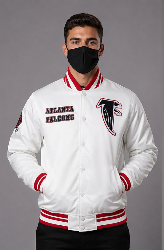 A Men wearing the Atlanta Falcons White Satin Jacket with grey background