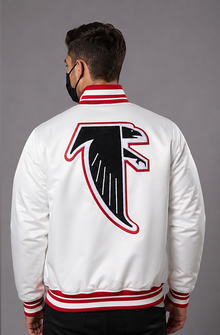 Men wearing the Atlanta Falcons White Satin Jacket with grey background