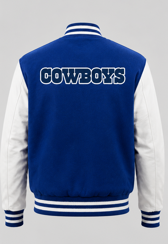 A royal blue and white varsity jacket shown from the back, featuring 'COWBOYS' embroidered in white with a blue outline across the upper back. The jacket has white sleeves, a blue ribbed collar, hem, and cuffs with white stripes.