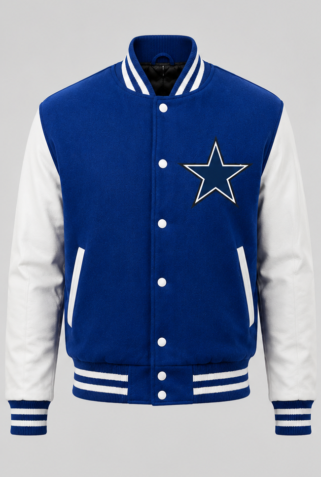 A Dallas Cowboys varsity jacket with a royal blue body and white sleeves, featuring the embroidered star logo on the chest.
