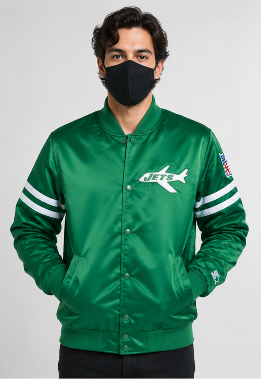 A Men Wearing the New York Jets Green Satin Varsity Jacket with white background