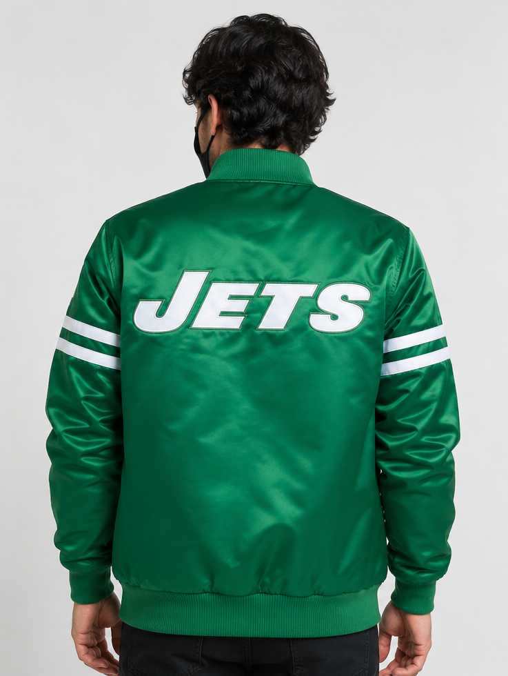 Men Wearing the New York Jets Green Satin Varsity Jacket to show "JETS" logo with white background