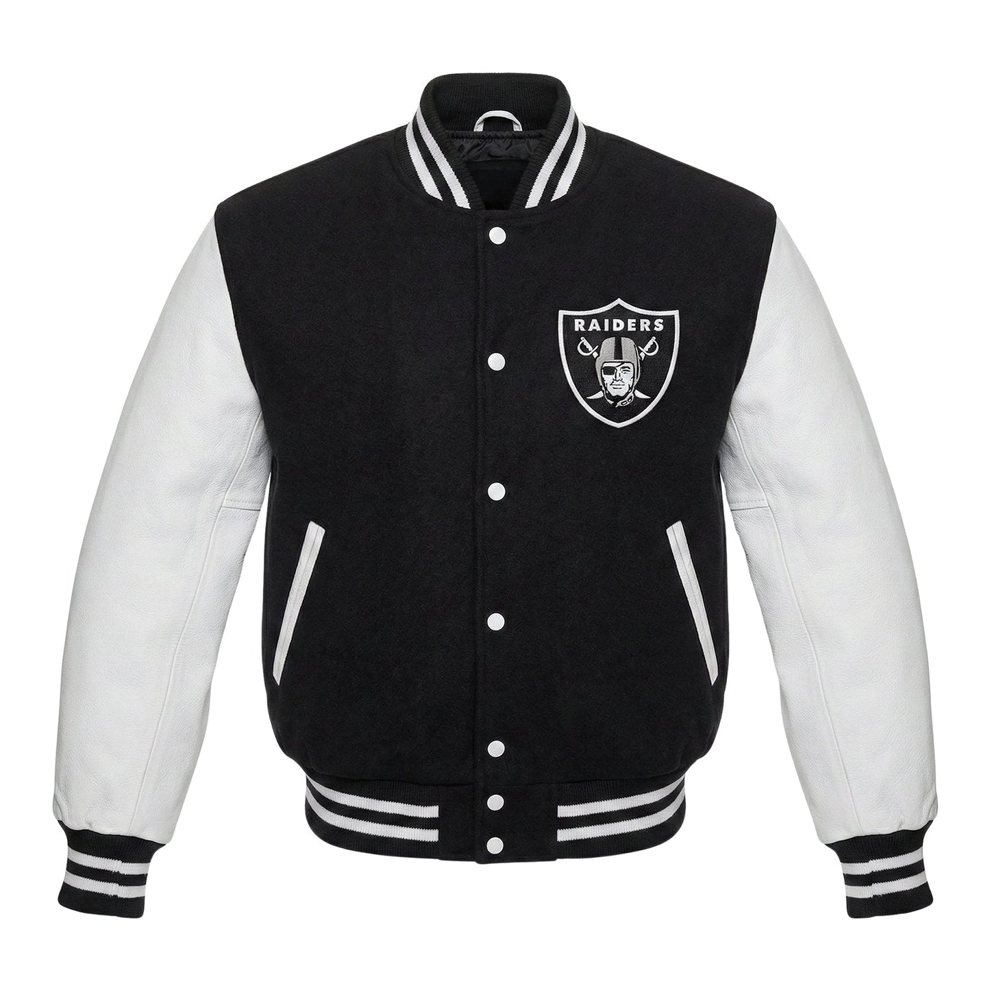 NFL Las Vegas Raiders Black & White Varsity Letterman Bomber Jacket for Men & Women
