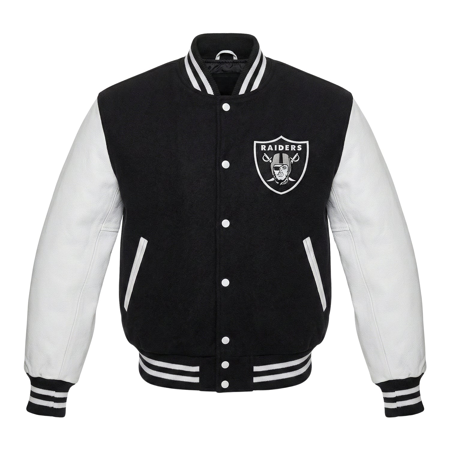 NFL Las Vegas Raiders Black & White Varsity Letterman Bomber Jacket for Men & Women