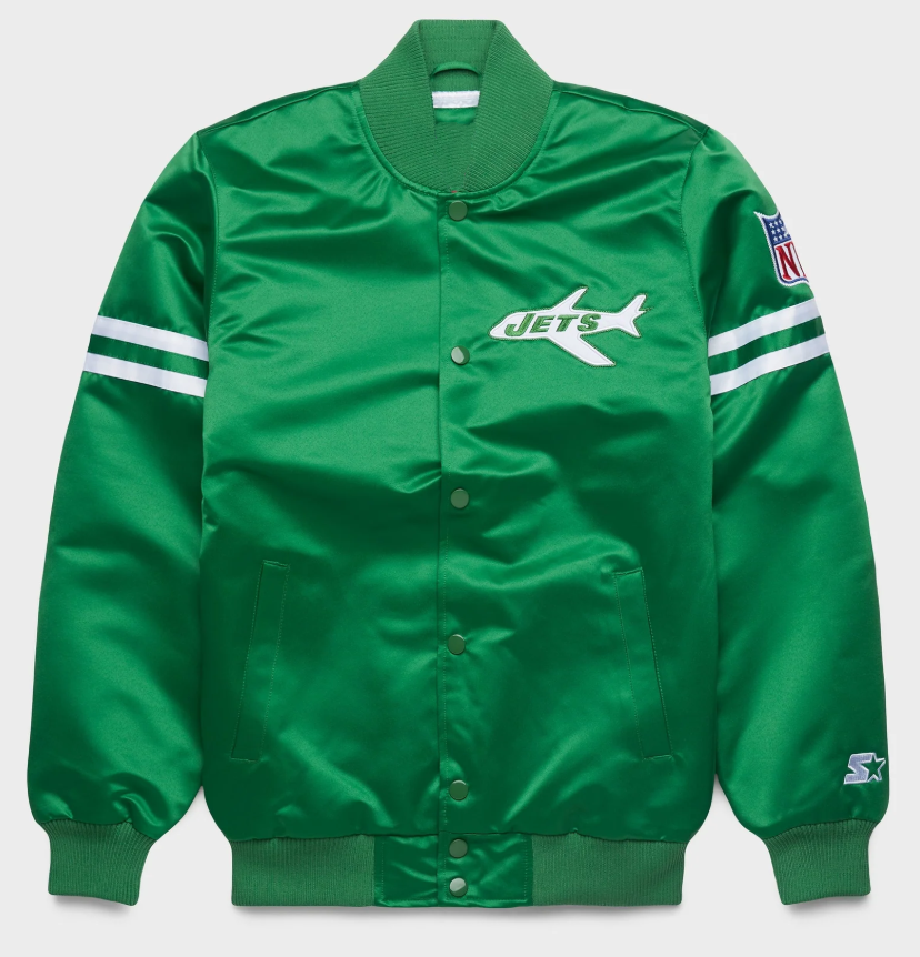 the New York Jets Green Satin Varsity Jacket with team logos with white background