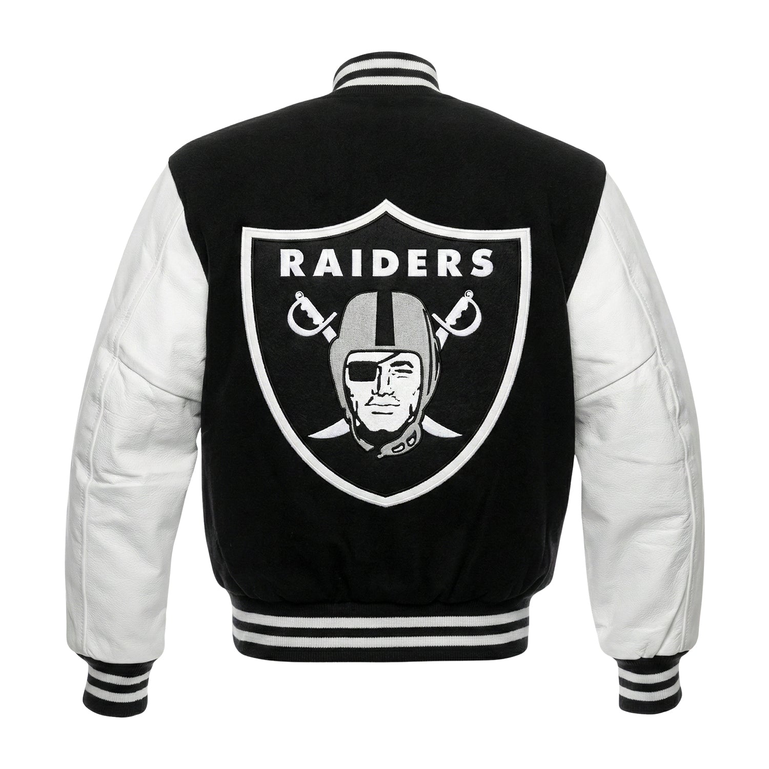 NFL Las Vegas Raiders Black & White Varsity Letterman Bomber Jacket for Men & Women