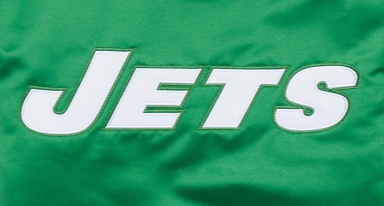 New York Jets Green Satin Varsity "JETS" LOGO with green background