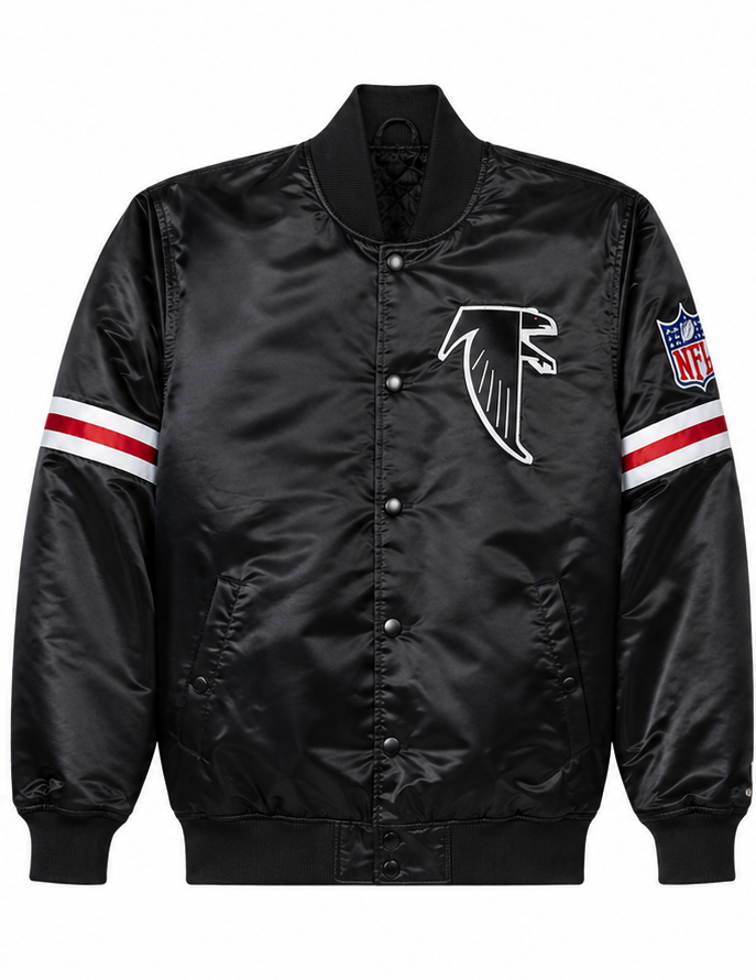 The Atlanta Falcons black satin Jacket team logo with the NFL official logo and a grey background