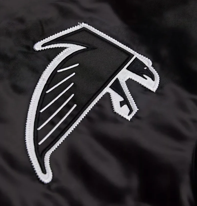 The Atlanta Falcons black satin Jacket team logo and a black background