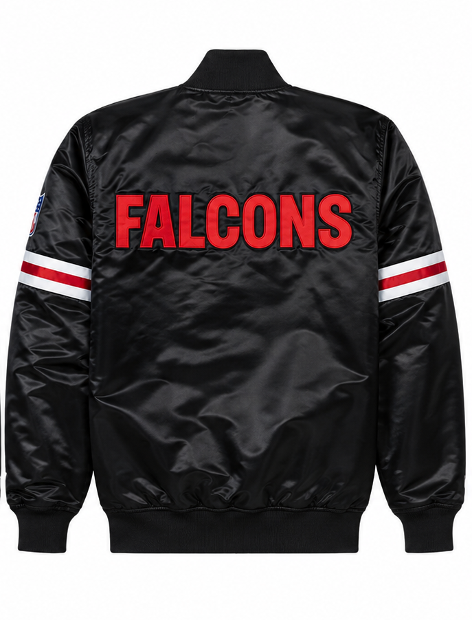 The Atlanta Falcons black satin Jacket  "FALCONS" logo on a white background