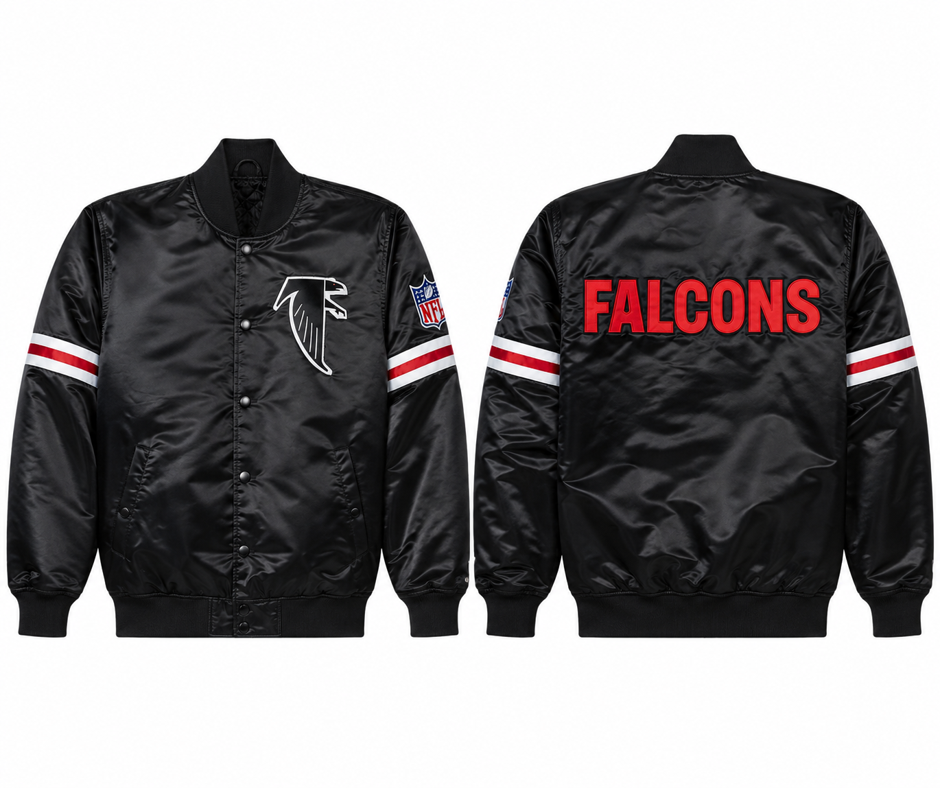 The Atlanta Falcons black satin Jacket team logos a white background