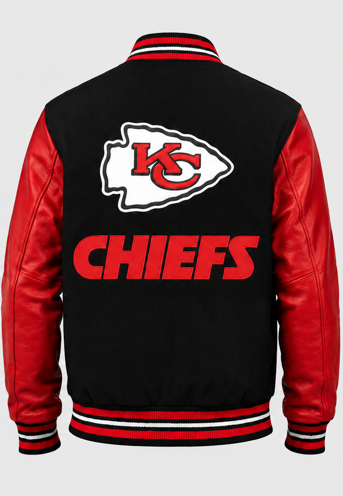 Kansas City Chiefs varsity jacket shown from the back, featuring a black body, red leather sleeves, and a large embroidered Chiefs logo with 'CHIEFS' text on the back.
