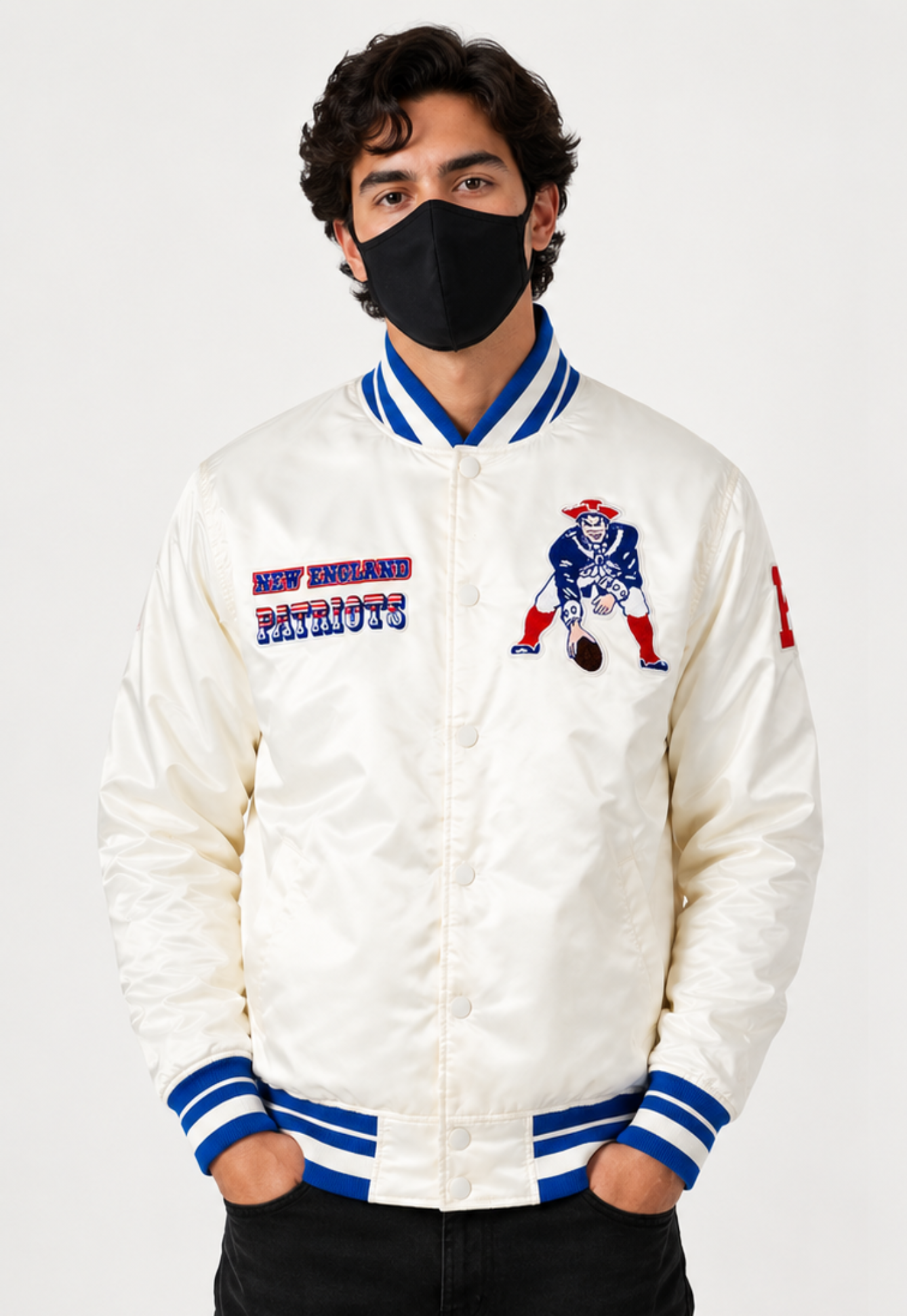 A Men Wearing the New England Patriots White Satin Jacket with white background