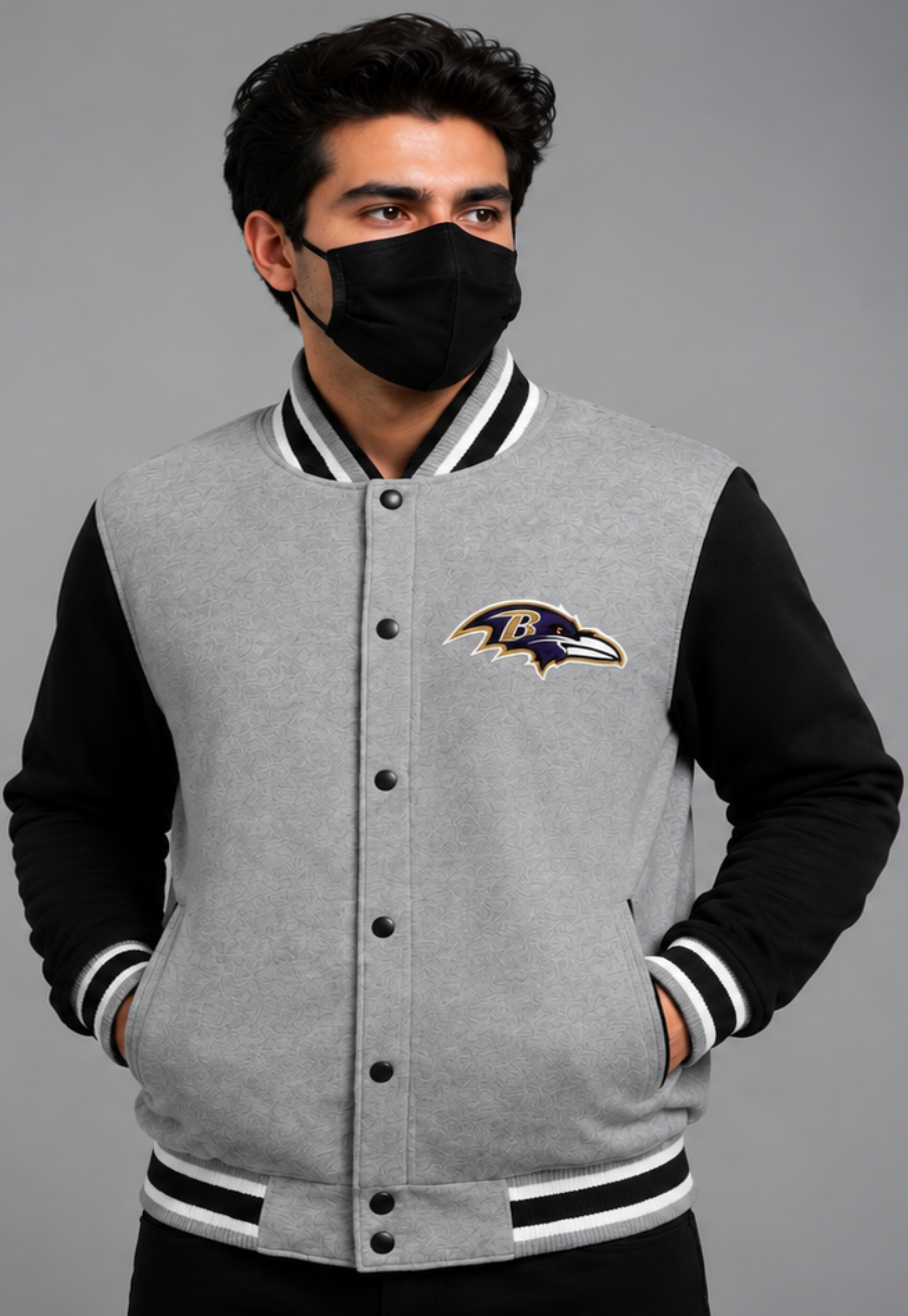 NFL Baltimore Ravens Gray & Black Varsity Letterman Bomber Jacket for Men & Women