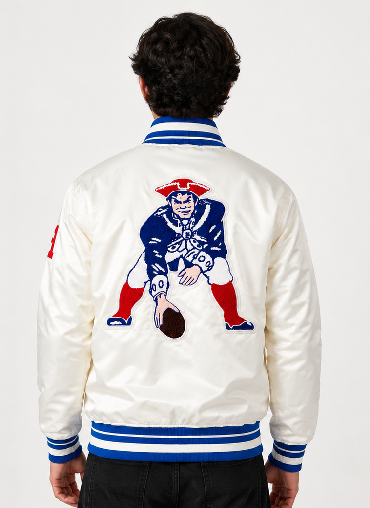 Men Wearing the New England Patriots White Satin Jacket with white background
