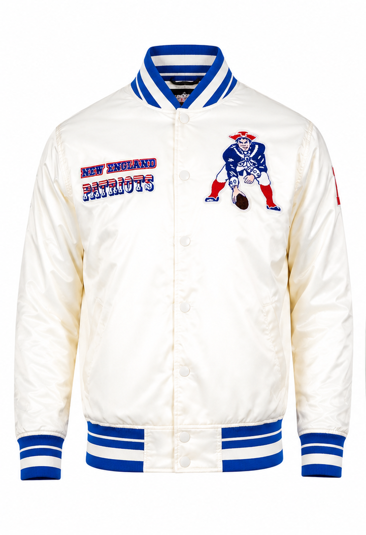 The New England Patriots White Satin Jacket with teams logos with white background