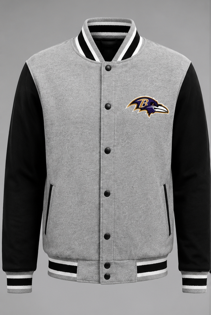 NFL Baltimore Ravens Gray & Black Varsity Letterman Bomber Jacket for Men & Women