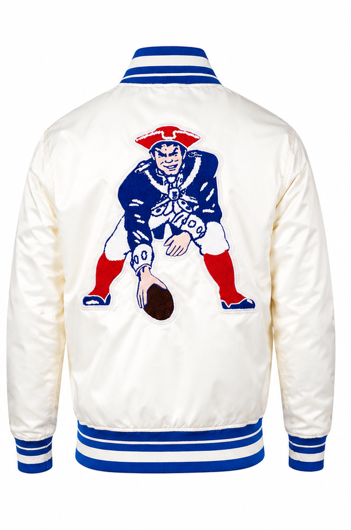 The New England Patriots White Satin Jacket with team logo with white background