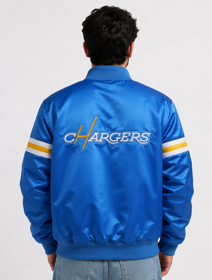 man wearing the Los Angeles Chargers Royal Blue Jacket with "CHARGERS" logo and a white background