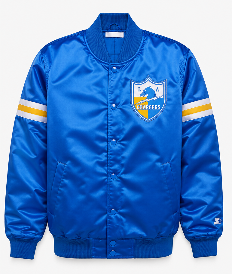 The Los Angeles Chargers Royal Blue Jacket with team logos and a white background