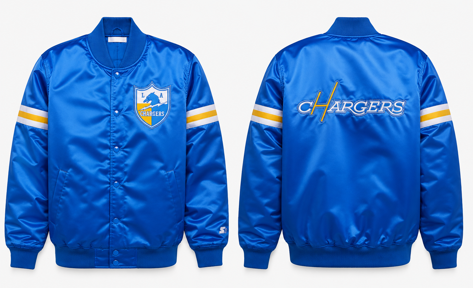 The Los Angeles Chargers Royal Blue Jacket with team logos and a white background