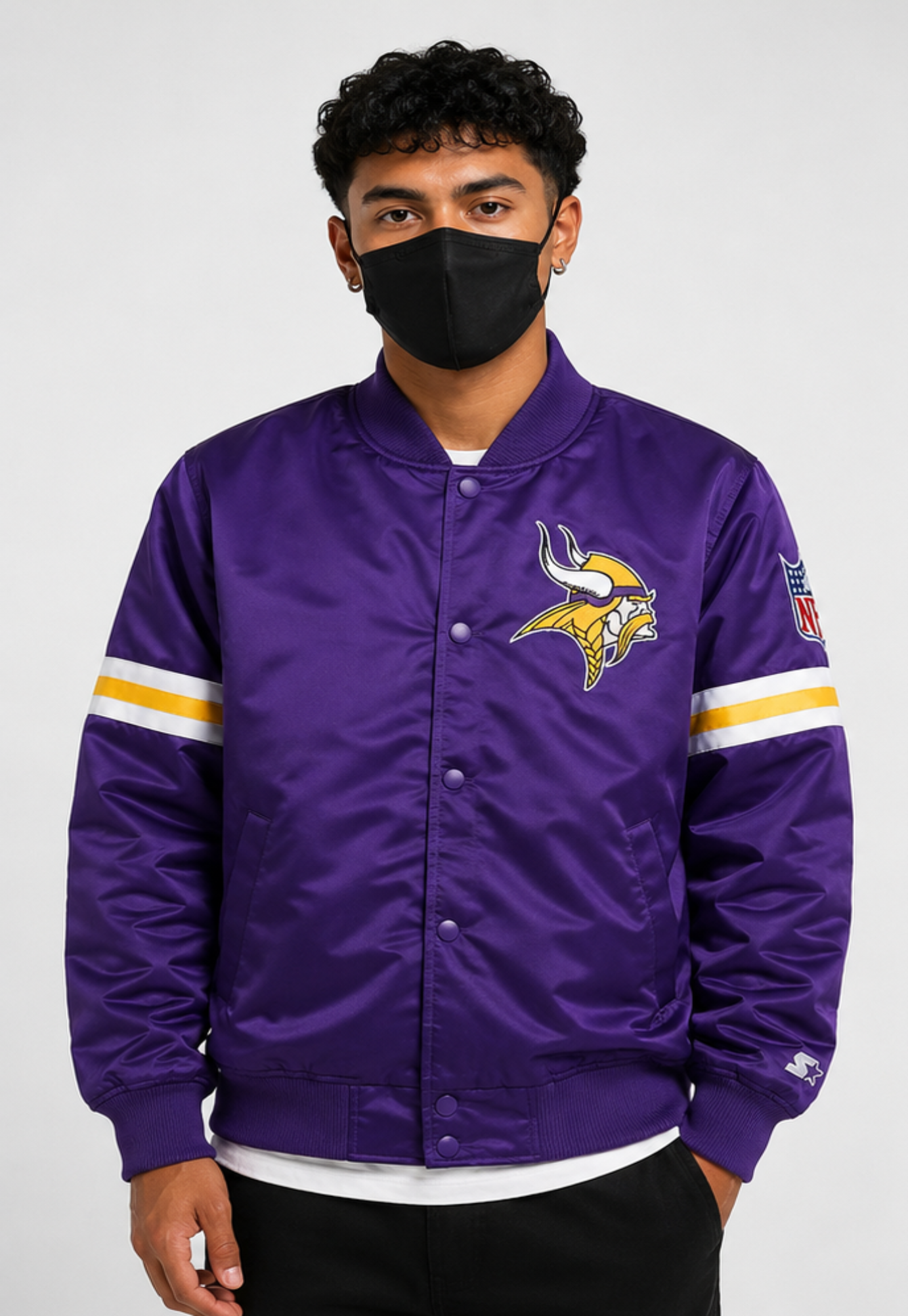 A Men Wearing the Minnesota Vikings Purple Satin Jacket with Team Logos with white background