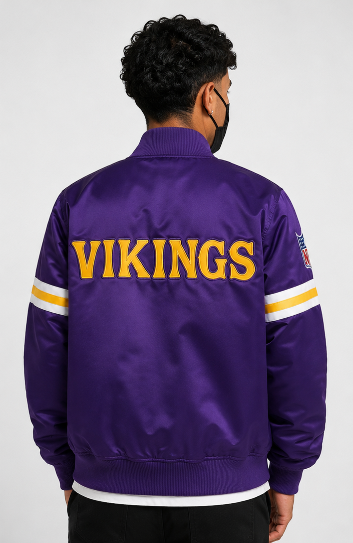 Men Wearing the Minnesota Vikings Purple Satin Jacket with "VIKINGS" logo with white background