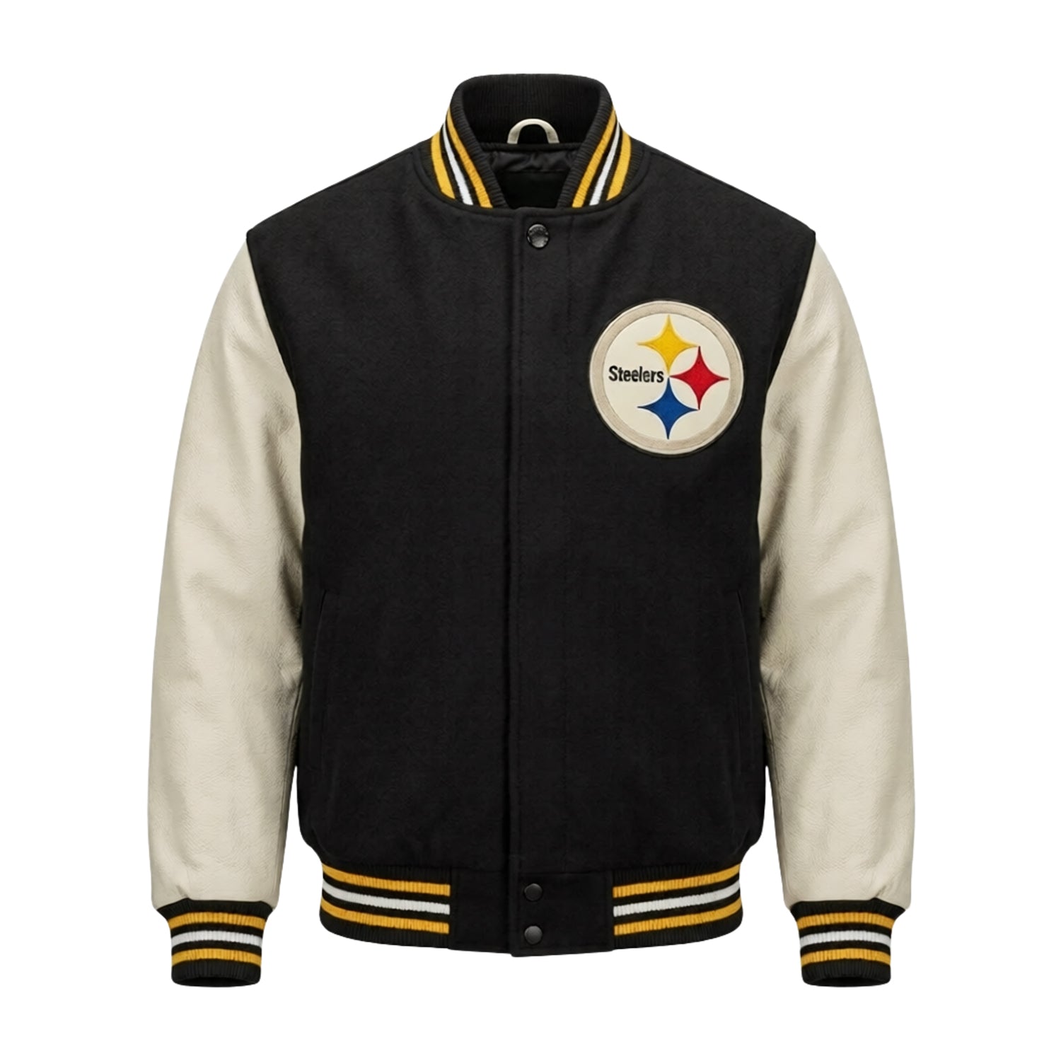 NFL Pittsburgh Steelers Black & Cream Varsity Letterman Bomber Jacket for Men & Women