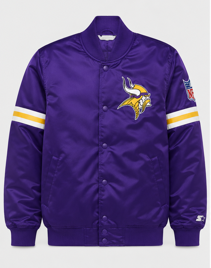 The Minnesota Vikings Purple Satin Jacket with Team Logos with white background