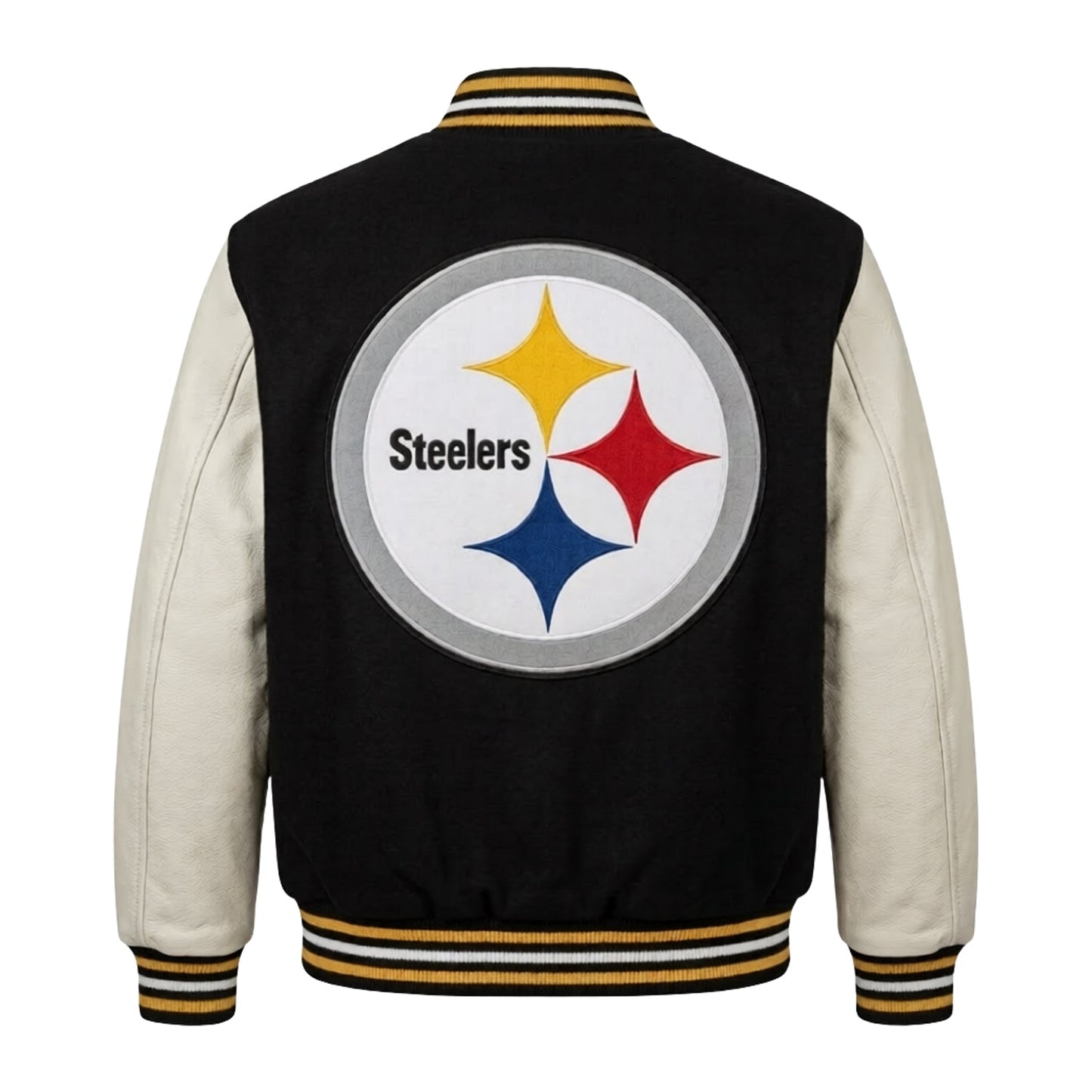 NFL Pittsburgh Steelers Black & Cream Varsity Letterman Bomber Jacket for Men & Women