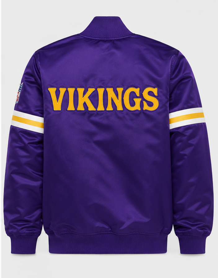 The Minnesota Vikings Purple Satin Jacket with "VIKINGS" Logo with white background